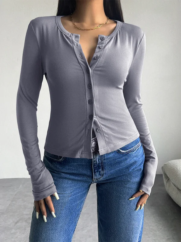 Women Button-Down Top Crew Neck Cardigan T-Shirt