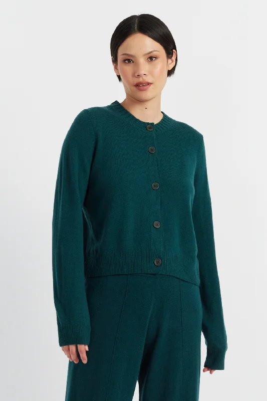 Forest-Green Wool-Cashmere Crew Neck Cardigan