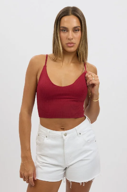 Red V Neck Cami Crop Top Seamless