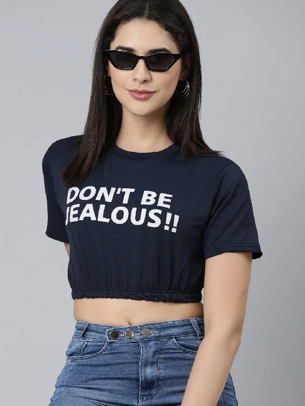 Round Neck Regular Sleeves Typography Cinched Waist Navy Blue Crop Top