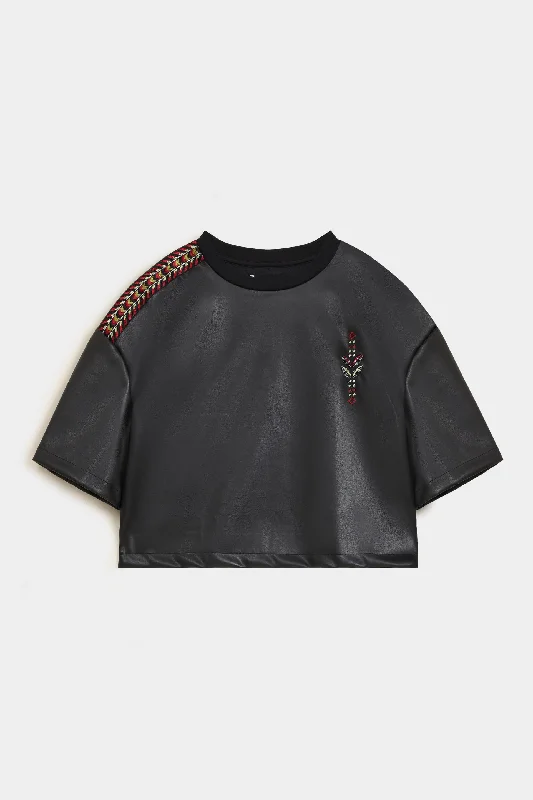 Cropped Faux Leather Embroidered T-shirt