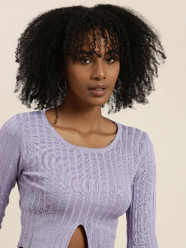 Round Neck Self Design Regular Sleeves Fitted Lavender Crop Top