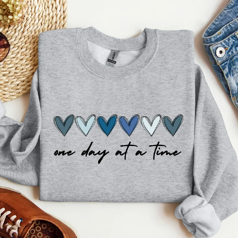 One Day at a Time Sweatshirt, Hearts Crewneck, Recovery Gift for Her, Encouragement Shirt, Inspirational Quotes Tshirt