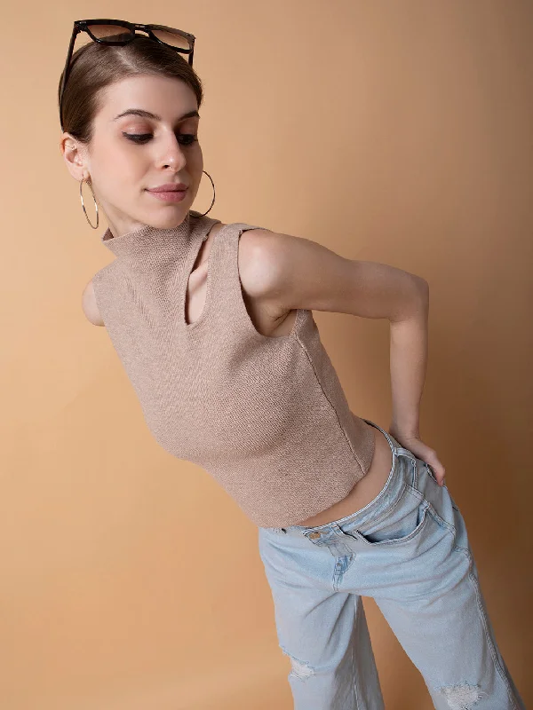 Women Solid Beige Fitted Crop Top