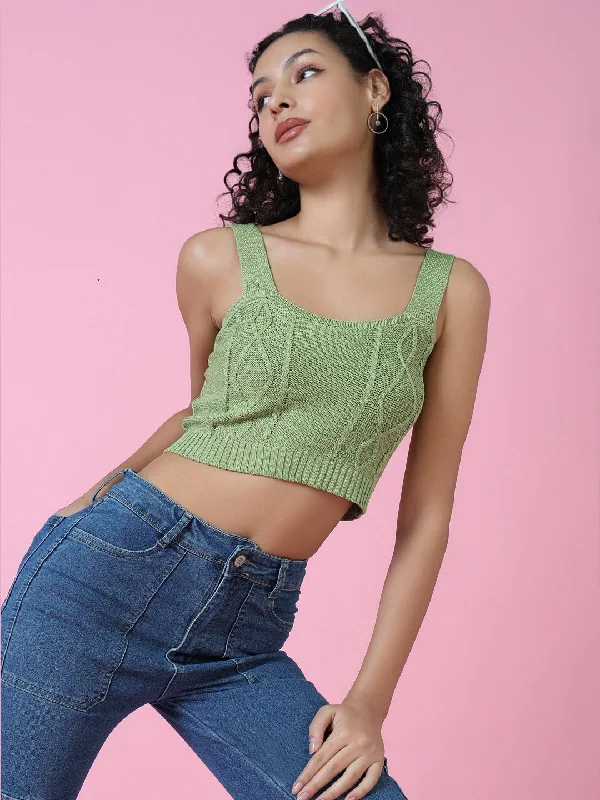 Women Green Solid Crochet Crop Top