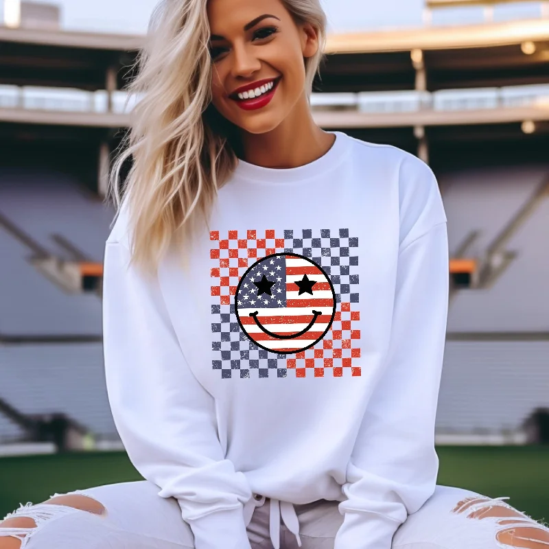 Retro Smile Face Flag Sweatshirt, American Flag Happy Face Crewneck, 4th of July Shirt, Independence Day Tee