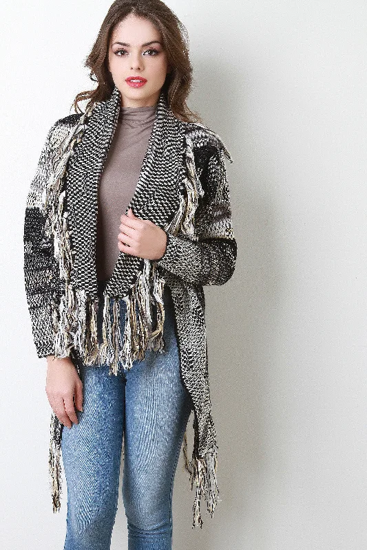 Multi-Tone Chunky Knit Fringe Cardigan