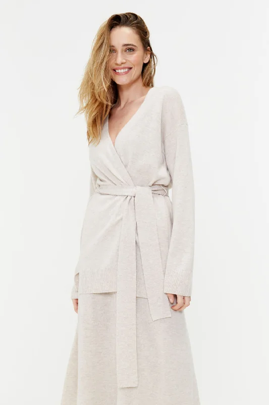 Light-Oatmeal Wool-Cashmere Belted Cardigan