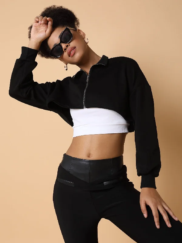 Women Solid Black Crop Top with Tank top