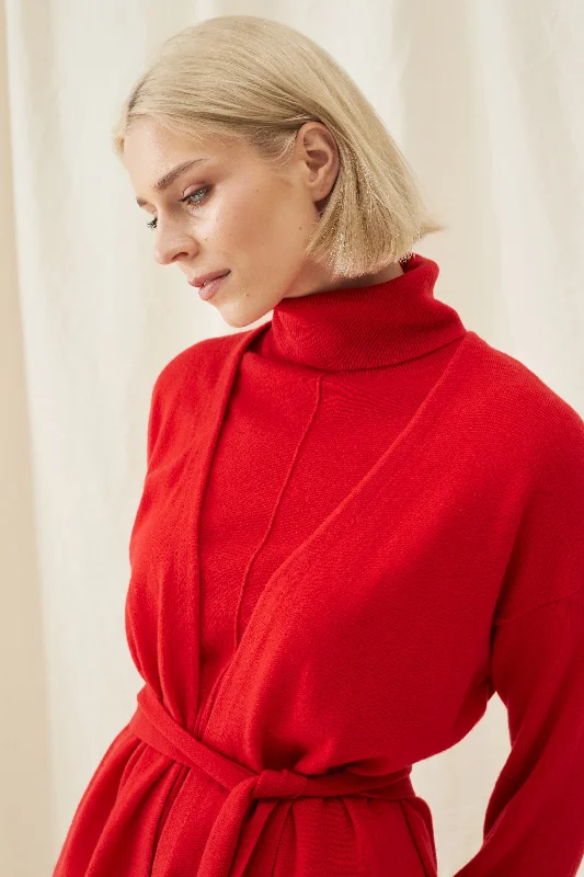 Velvet-Red Wool-Cashmere Belted Cardigan