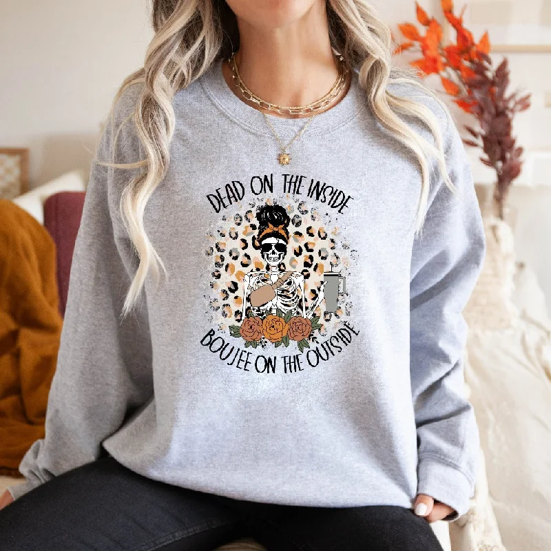 Dead Inside Boujee Outside Skeleton Coffee Sweatshirt, Funny Sarcastic Fall Coffee Crewneck, Coffee Lover Sweater