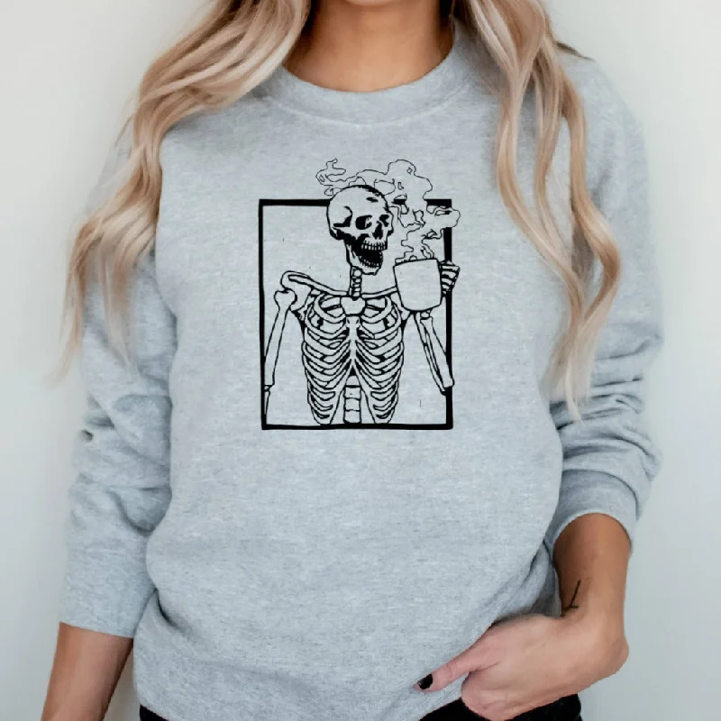 Hot Coffee Skeleton Sweatshirt, Skeleton Drinking Coffee Shirt, Skeletons Halloween Sweatshirt