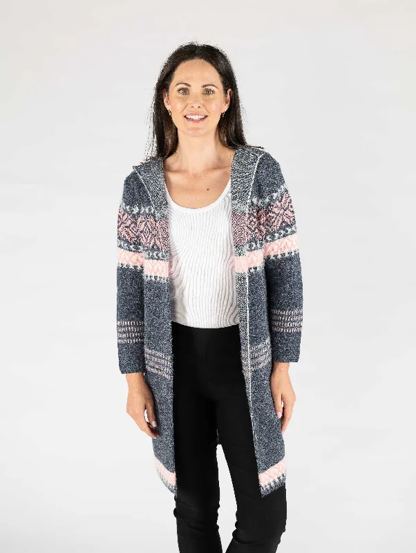 Pattern edge to edge cardigan with hood Navy/Pink