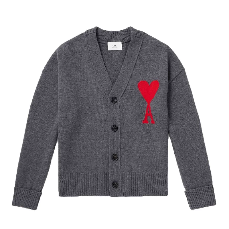 Ami Paris De Coer Large Heart Knitted Cardigan in Heather Grey