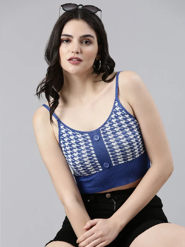 Shoulder Straps Self Design Sleeveless Navy Blue Crop Tank Top