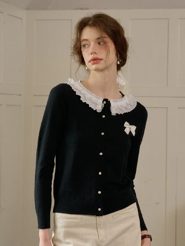 【Final Sale】Ruby Lace Lapel Contrasting Bow Cardigan