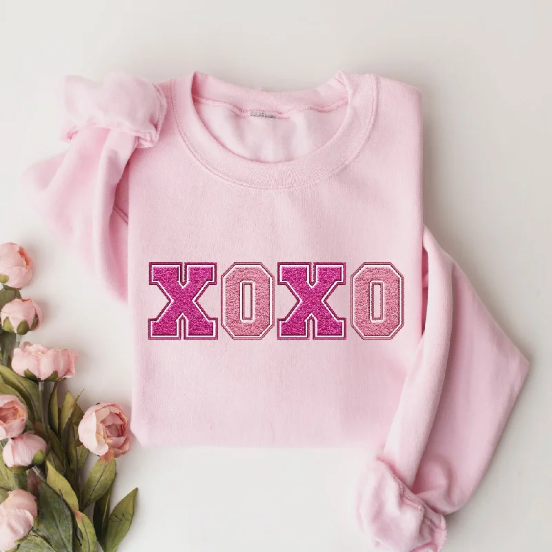 XOXO Valentine's Day Sweatshirt, Faux Chenille Patch Hugs and Kisses Crewneck, Fun Valentine Sweater, Gift for Her for Wife