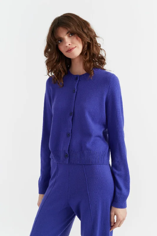 Blue-Violet Wool-Cashmere Crew Neck Cardigan