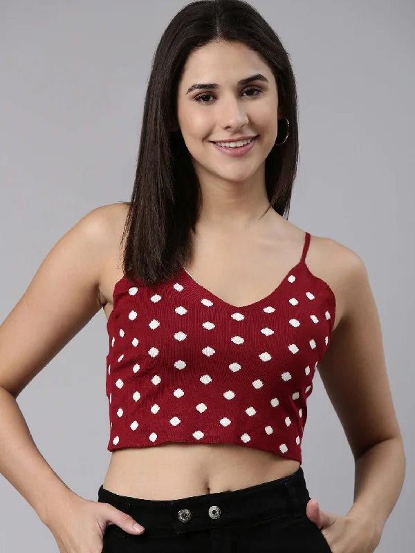 Shoulder Straps Printed Sleeveless Maroon Crop Tank Top