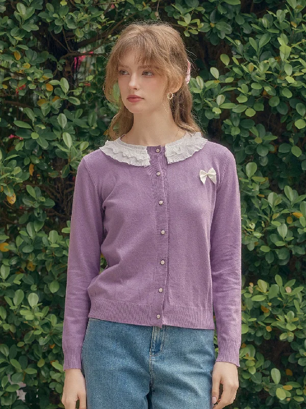 【Final Sale】Ruby Lace Lapel Contrasting Bow Cardigan - Purple