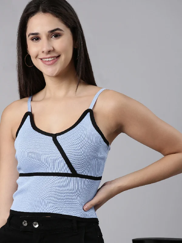 Shoulder Straps Solid Sleeveless Blue Crop Tank Top