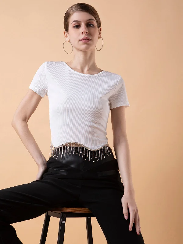 Women Solid White Crop Top