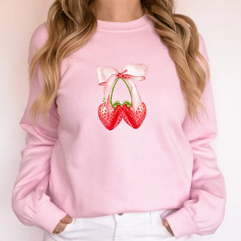 Pink Bow Coquette Strawberry Sweatshirt, Strawberry Crewneck, Girly Pink Sweater, Coquette Bow Aesthetic Shirt