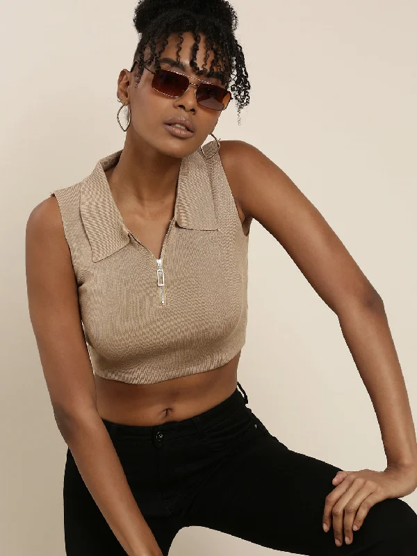 Shirt Collar Solid Sleeveless Fitted Tan Crop Top