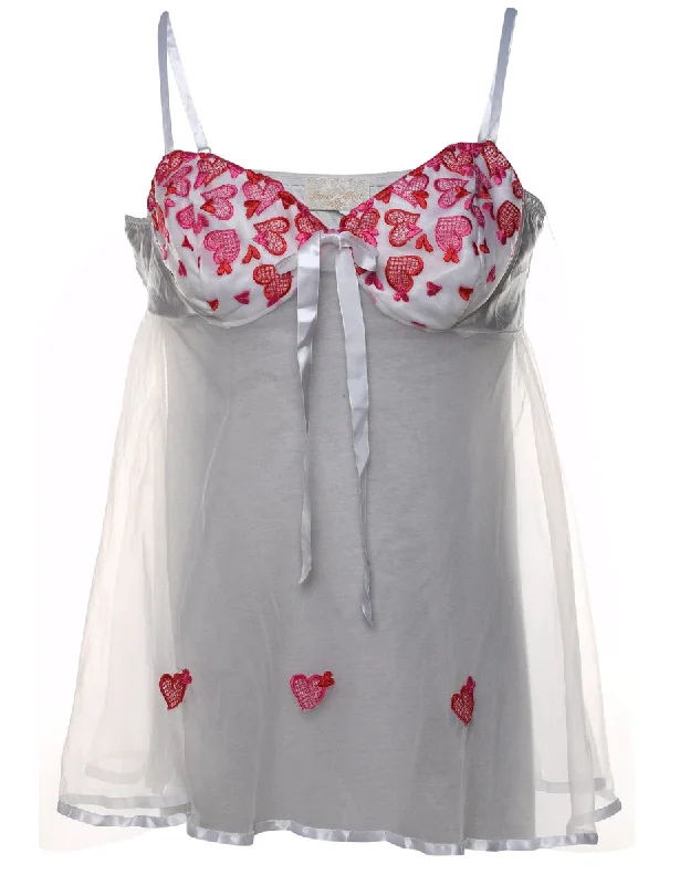 White & Pink Heart Design Sheer Babydoll - L