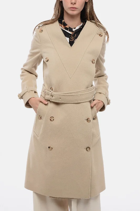 Burberry Wool Double-Brested Coat with V Neckline