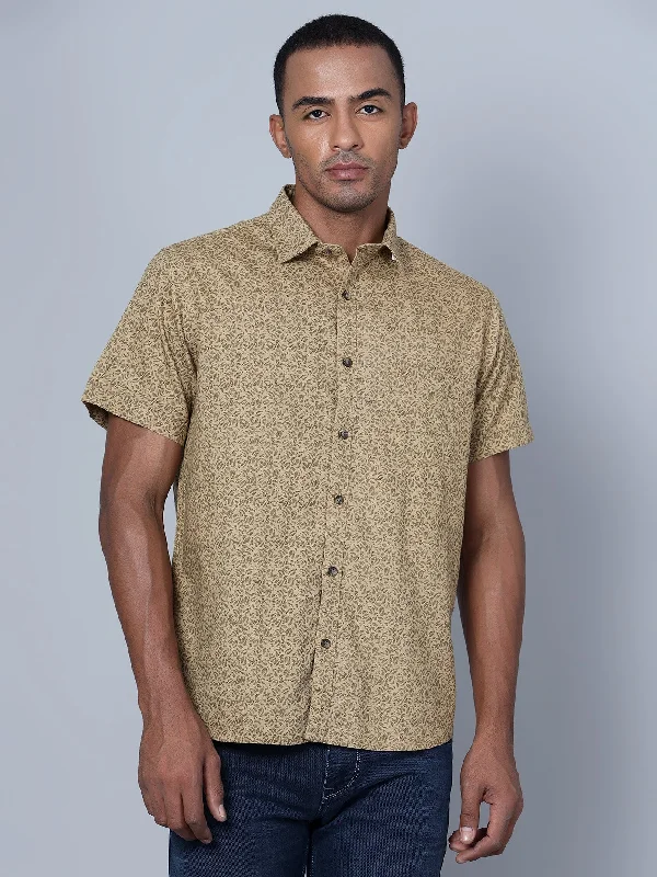 Men's Khaki Casual Abstract Print Half Sleeve Shirt