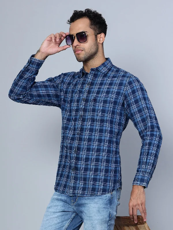 Men's Navy Blue Casual Medium Checks Full Sleeve Shirt