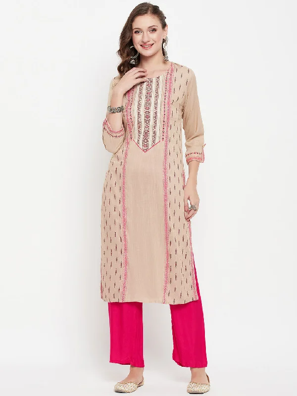 Women's  Round neck Beige Printed Knee length Kurti