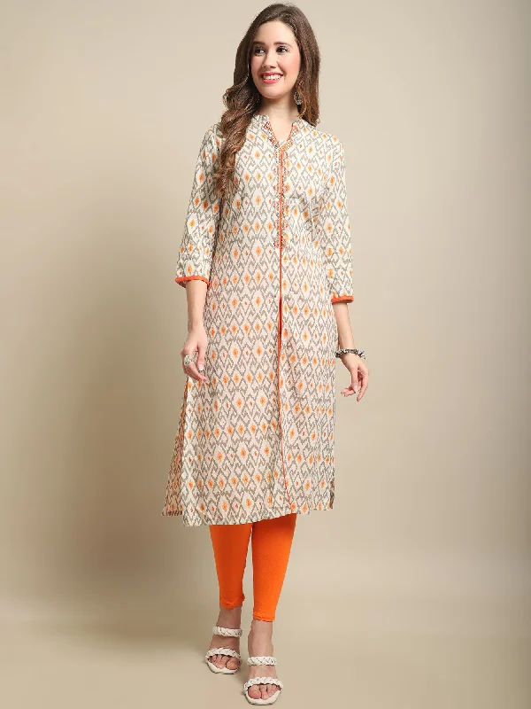 Women's  Band Collar Multi Color Printed Knee length Kurti