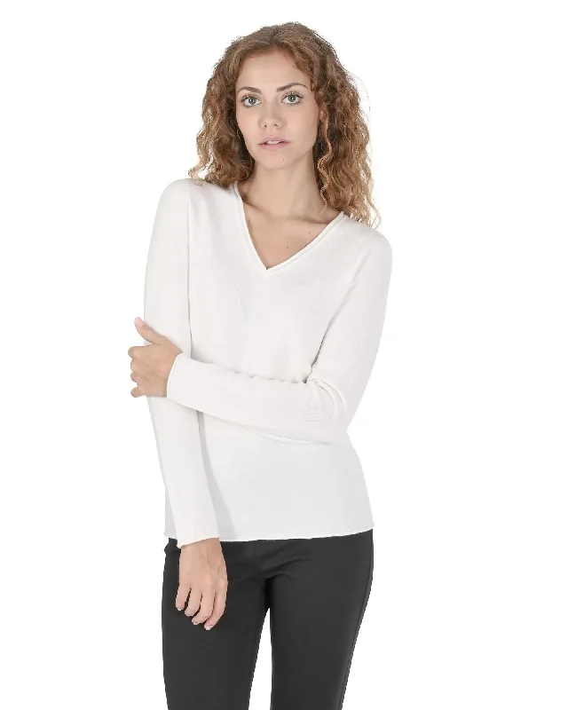 Crown of Edinburgh Cashmere Women's Premium Italian Cashmere V-Neck Sweater in Off white - 42 EU