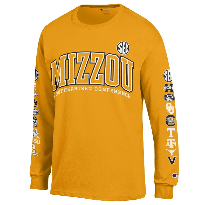 Mizzou Tigers Champion® SEC All Teams on Sleeves Gold Long Sleeve T-Shirt