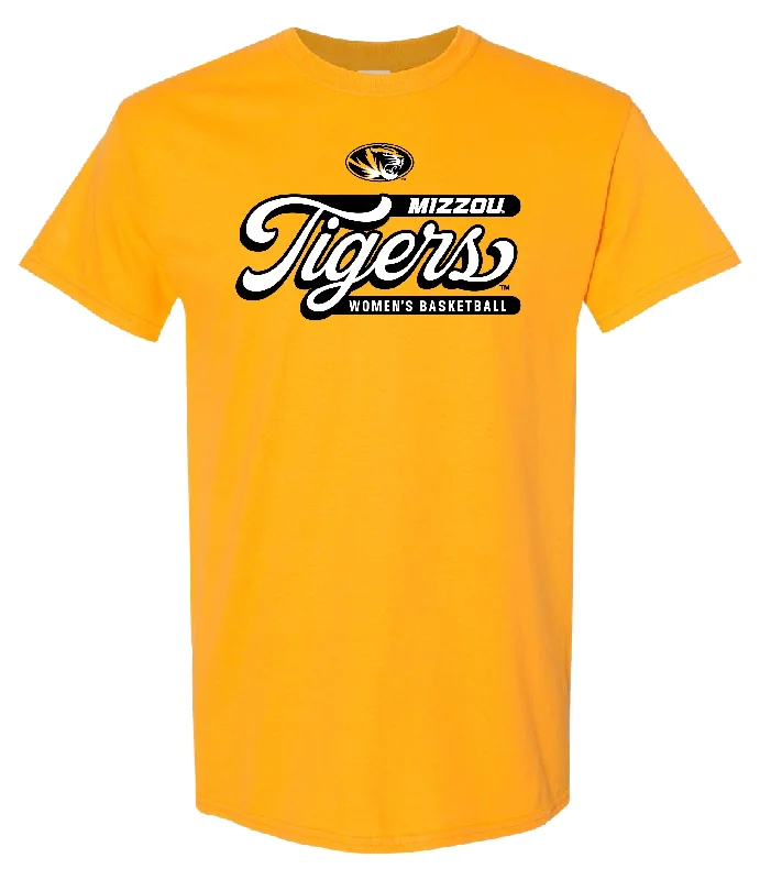 Mizzou Tigers Oval Tiger Head Tigers Script Gold Women's Basketball T-Shirt